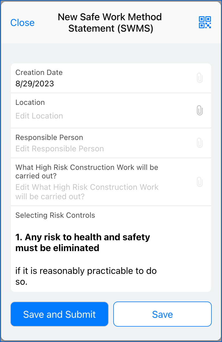 Image of a Safe Work Method Statement (SWMS) form